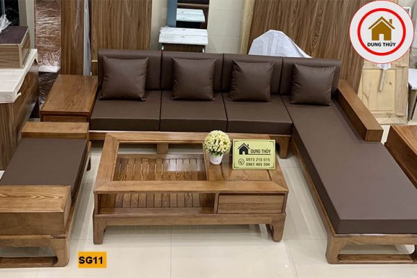 Bộ ghế sofa góc chữ L chân quỳ gỗ hương xám SG11