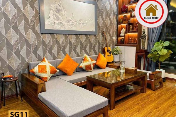 sofa góc chữ L gỗ hương xám chân quỳ SG11