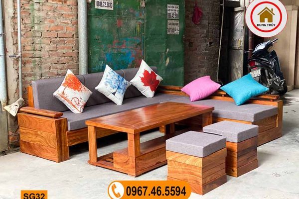 Bộ ghế sofa góc chữ L gỗ hương xám đen cao cấp SG32