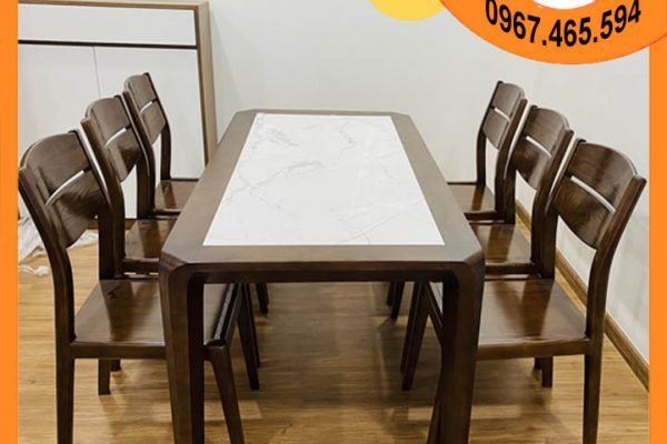 Bộ bàn ăn 6 ghế gỗ sồi Nga mặt đá nhân tạo BA08 đẹp xịn