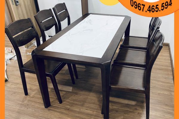 Bộ bàn ăn 6 ghế gỗ sồi Nga mặt đá nhân tạo BA08 đẹp xịn