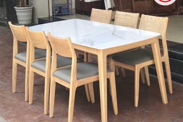 Bộ bàn ăn 6 ghế gỗ sồi Nga mặt đá nhân tạo BA08
