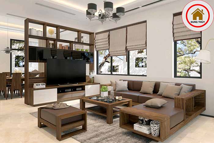 thiết kế phòng khách sử dụng đồ gỗ tự nhiên 