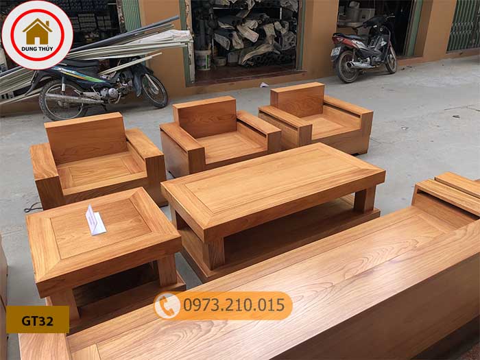 Bộ ghế đối tay vuông 9 món gỗ gõ đỏ Pachy cao cấp GT32