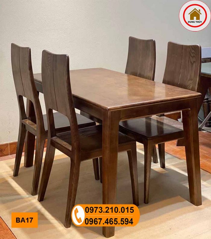 Bộ bàn ăn 4 ghế mặt bàn chữ nhật gỗ sồi Nga BA17