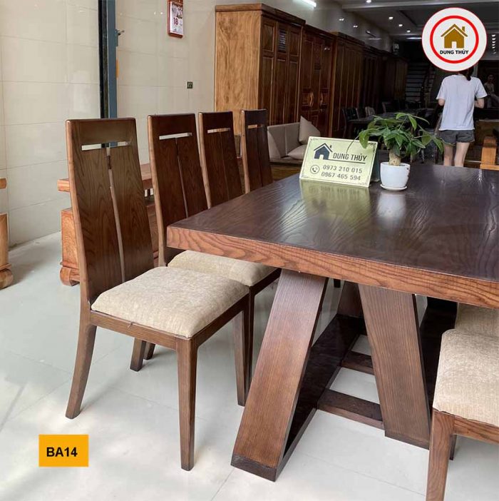 Bàn ăn 8 ghế mặt bàn liền hình chữ nhật gỗ sồi Nga BA14