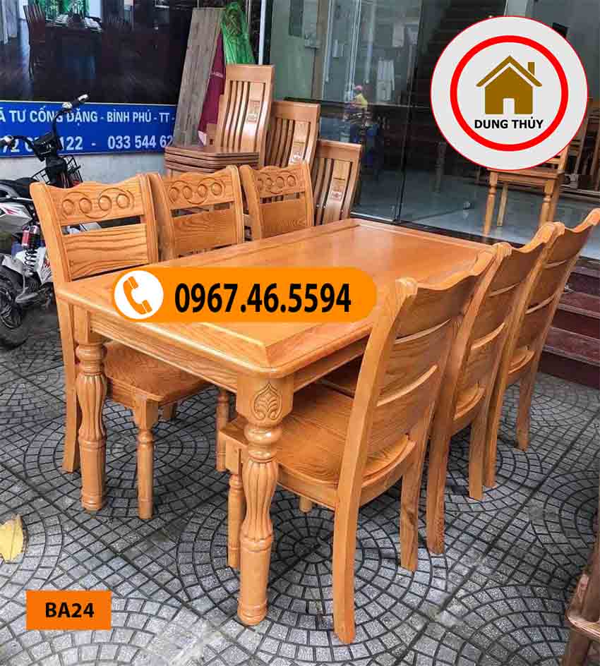 Bộ bàn ăn 6 ghế hoa văn mặt chữ nhật gỗ sồi Nga BA24