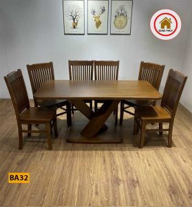 Bộ bàn ăn 6 ghế mặt bầu dục chân chéo gỗ sồi Nga BA32