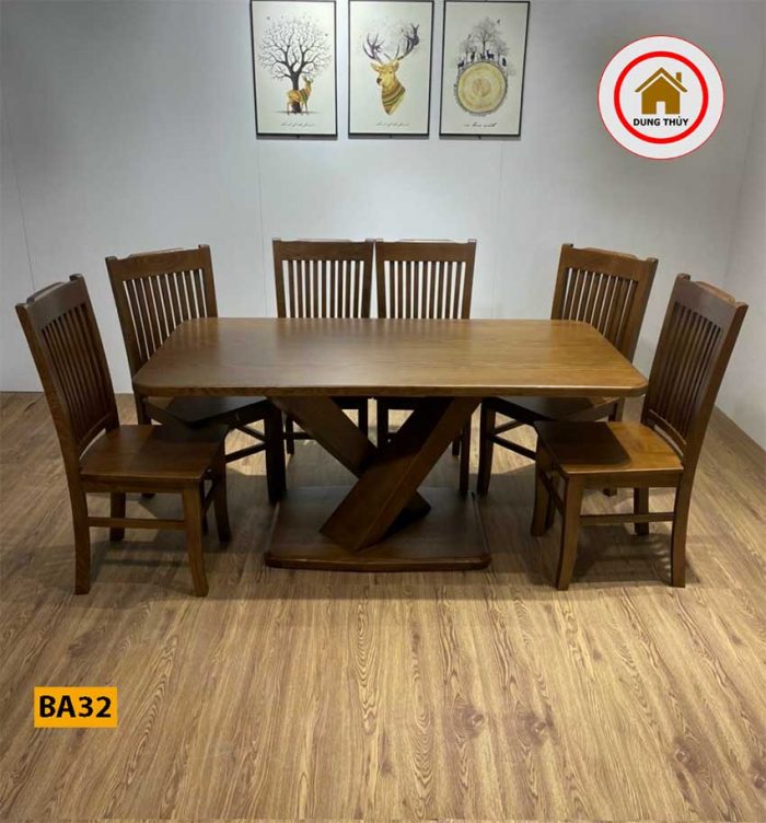 Bộ bàn ăn 6 ghế mặt bầu dục chân chéo gỗ sồi Nga BA32