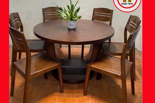 Bộ bàn ăn tròn 6 ghế tựa thấp gỗ sồi Nga BA51