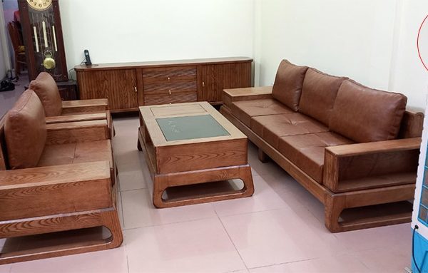 sofa 2 văng chân quỳ gỗ sồi