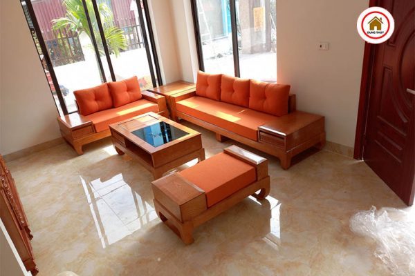 sofa 2 văng chân quỳ đẹp gỗ sồi